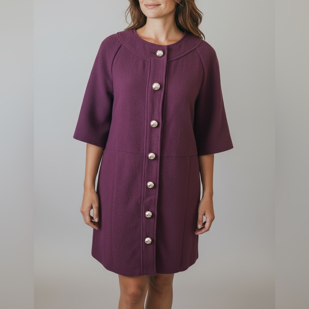 H&M Button‎ Front Short Sleeve Dress Burgundy Gold Boucle Old Money Womens Small